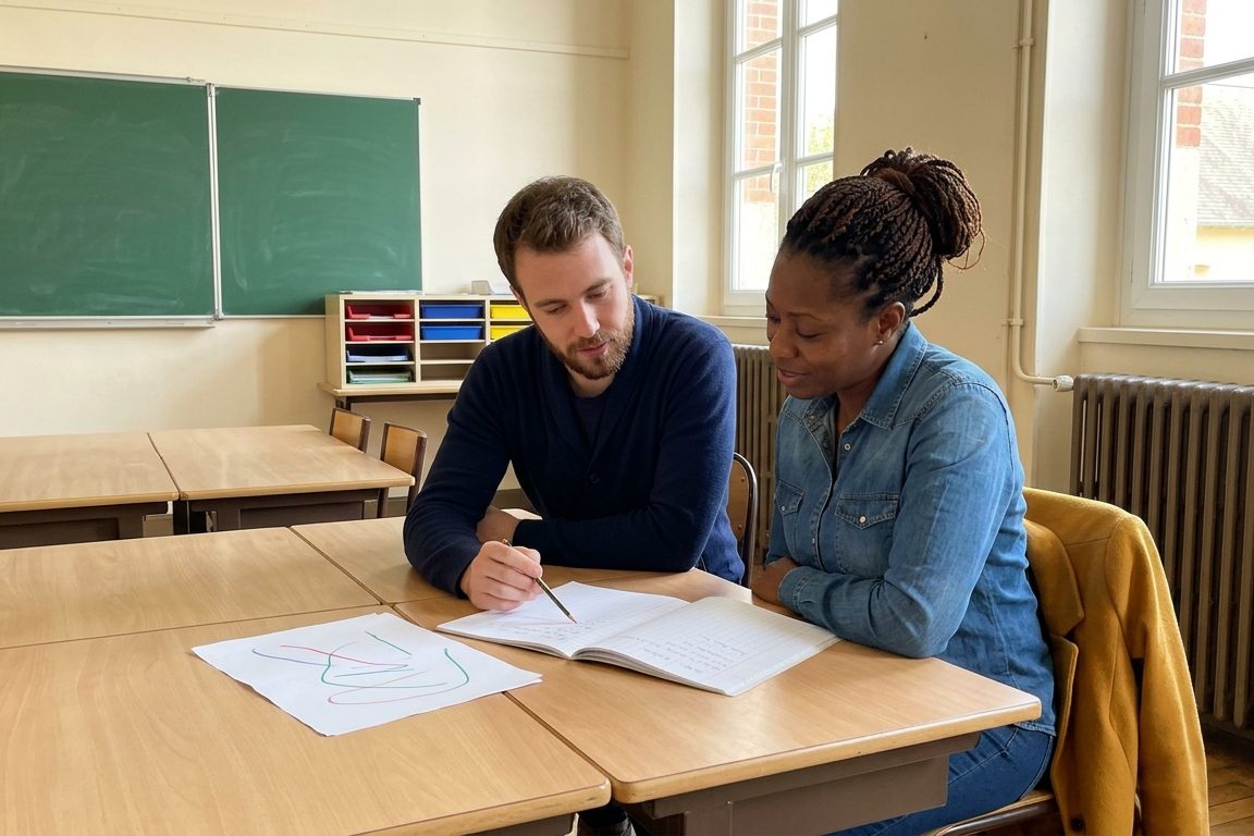 Dans une salle de classe d'école élémentaire vide en fin d'après-midi, une mère et un enseignant regardent ensemble un cahier ouvert sur une table d'élève.