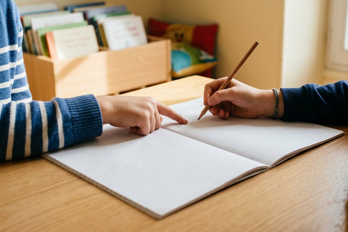 Sur une table de bibliothèque d'école, la main d'un élève montre une ligne d'un cahier ouvert pendant que la main d'un autre élève s'apprête à y écrire au crayon.