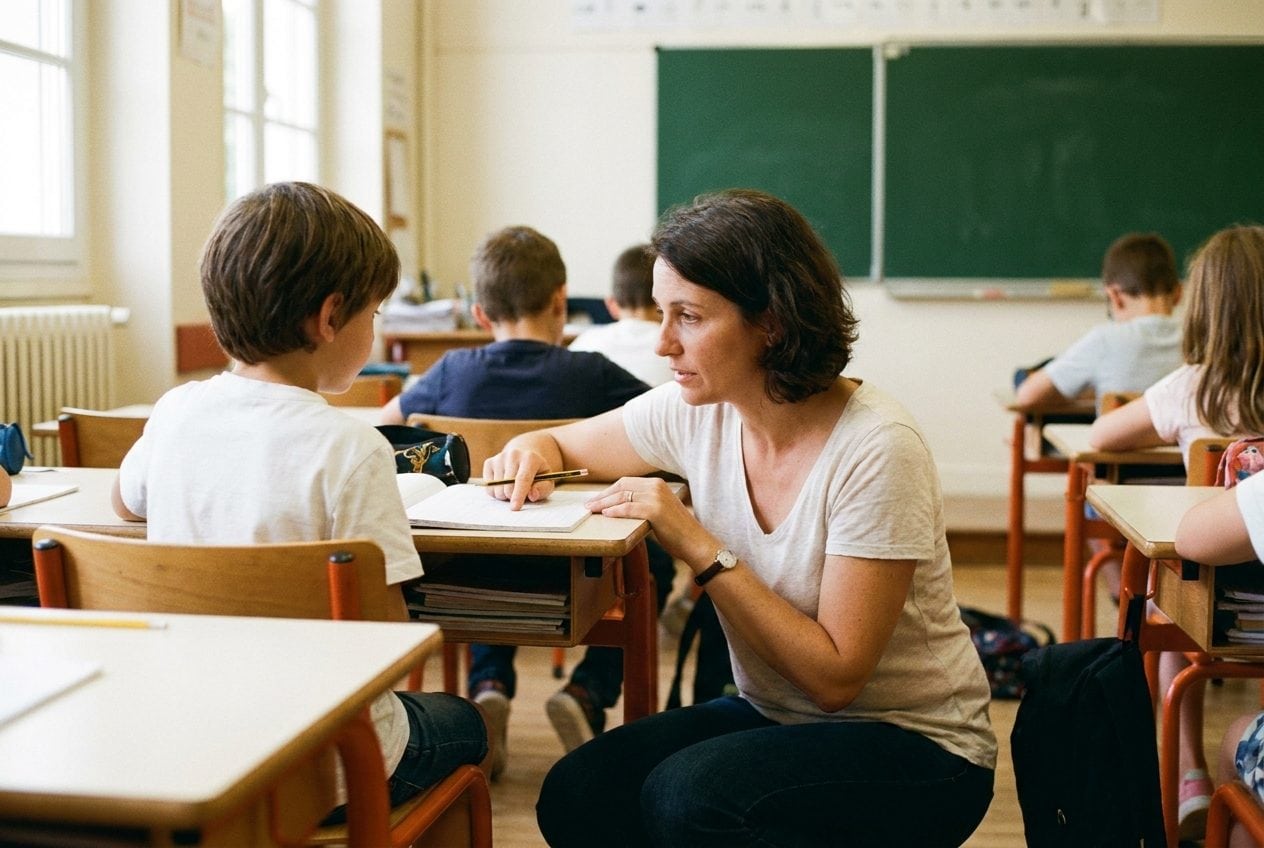 Une enseignante accroupie à hauteur d’un élève l’accompagne à son bureau, un cahier Seyès ouvert entre eux, dans une salle de classe baignée de lumière douce