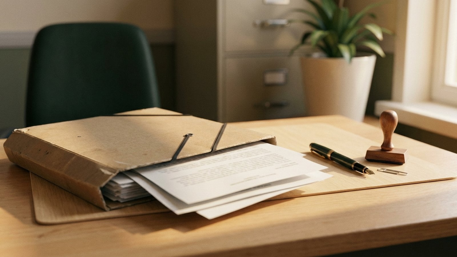 Dossier cartonn&eacute; &agrave; sangles ouvert sur un bureau de direction d&rsquo;&eacute;cole, feuilles gliss&eacute;es &agrave; l&rsquo;int&eacute;rieur, stylo plume et tampon pos&eacute;s &agrave; c&ocirc;t&eacute;