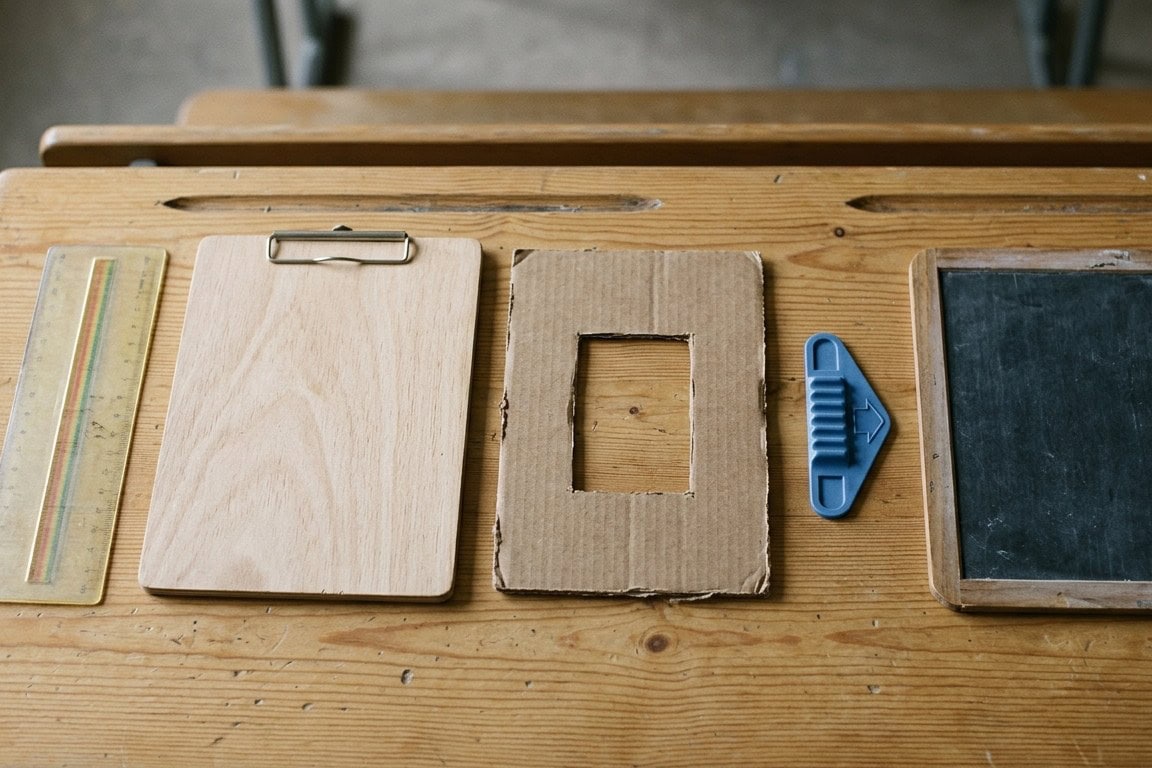 Coin d'une table d'élève vue de dessus, avec cinq aides matérielles alignées côte à côte : réglette colorée, plan incliné, cache en carton, guide-doigt et petite ardoise