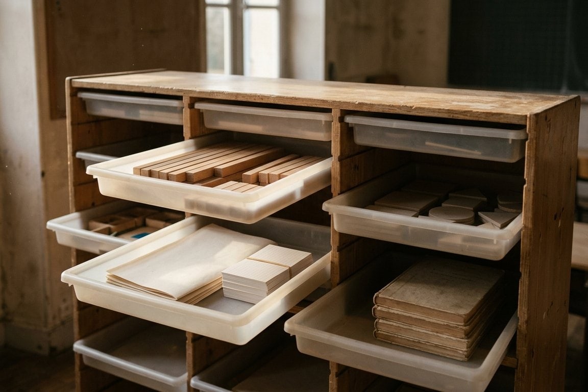Meuble de rangement de salle de classe, bacs ouverts contenant du matériel pédagogique, arrière-plan flou