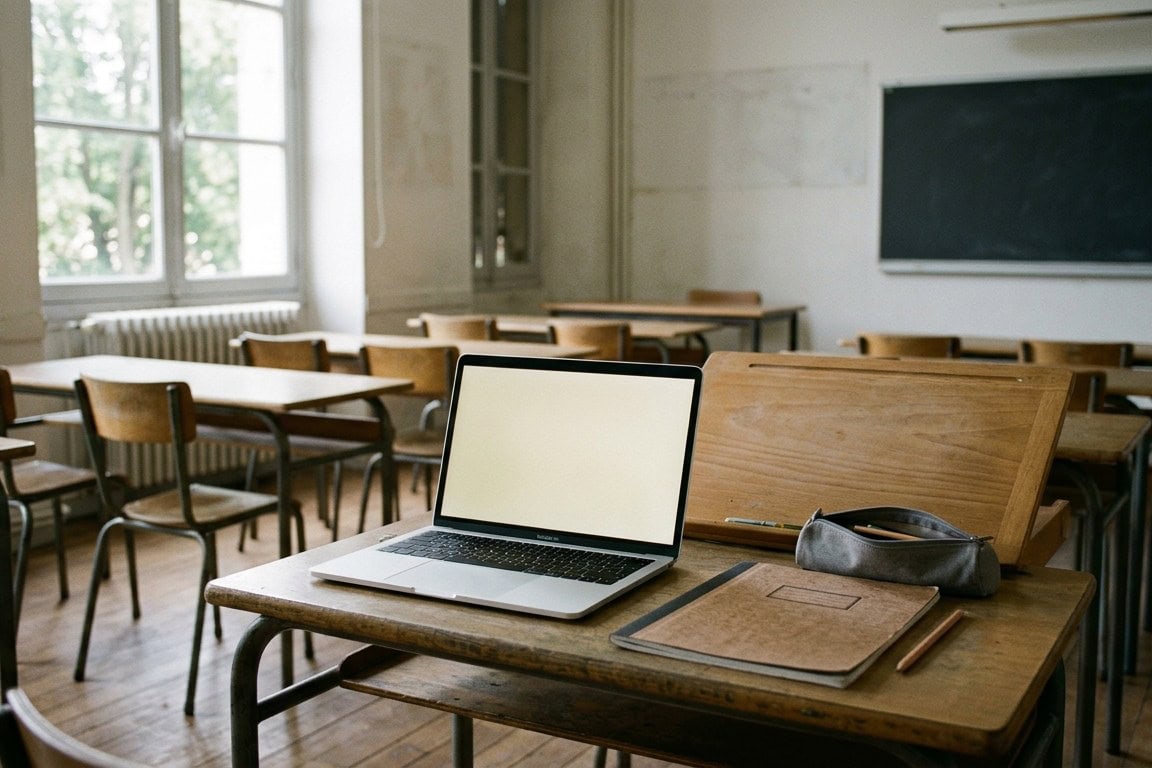 Ordinateur portable posé sur une table d'élève à côté d'un cahier fermé, dans une classe vide