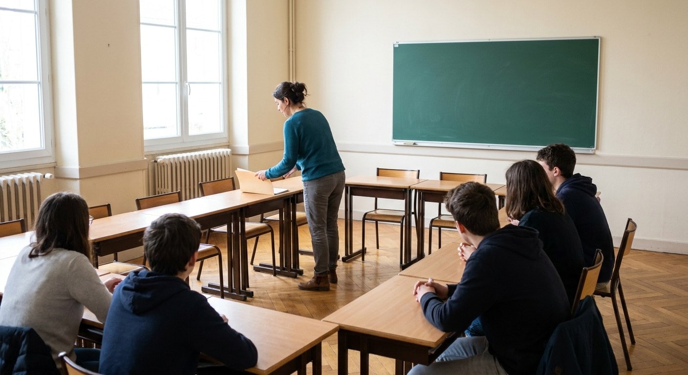 Dossiers d'inscription scolaire posés sur un bureau, avec une brochure d'établissement, un devis de frais de scolarité et un carnet de notes de visite