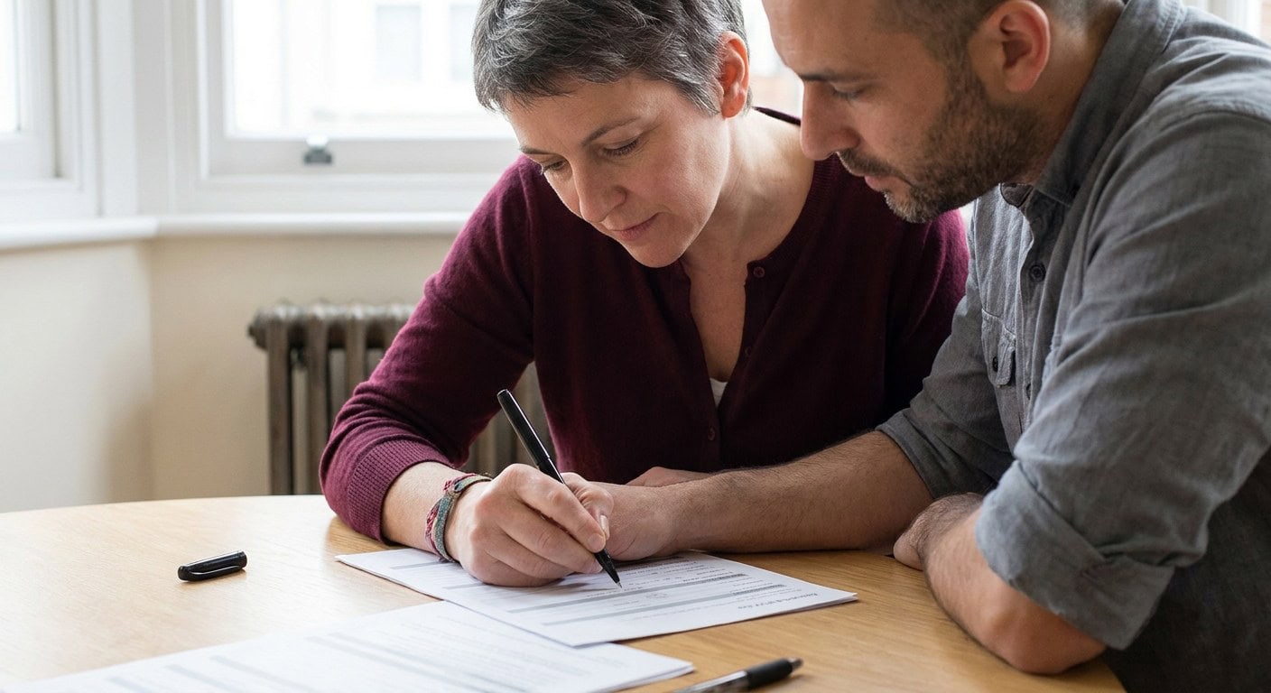 Table de réunion dans une école : un formulaire administratif de six pages posé à plat, un cahier d'élève ouvert, un stylo, deux tasses et une chaise vide