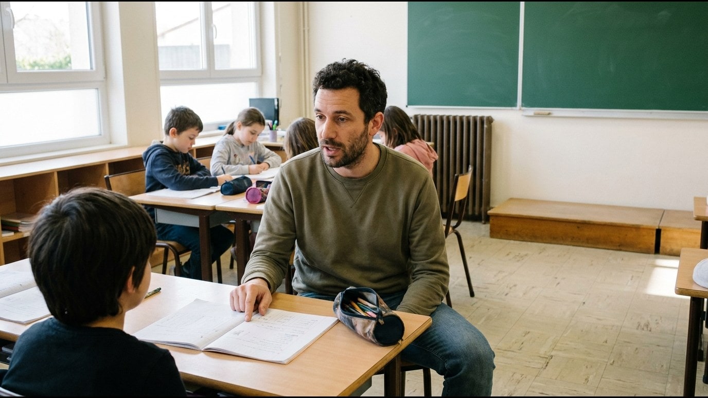 Une chaise d'adulte tirée contre la table d'un élève, dans une salle de classe vide.