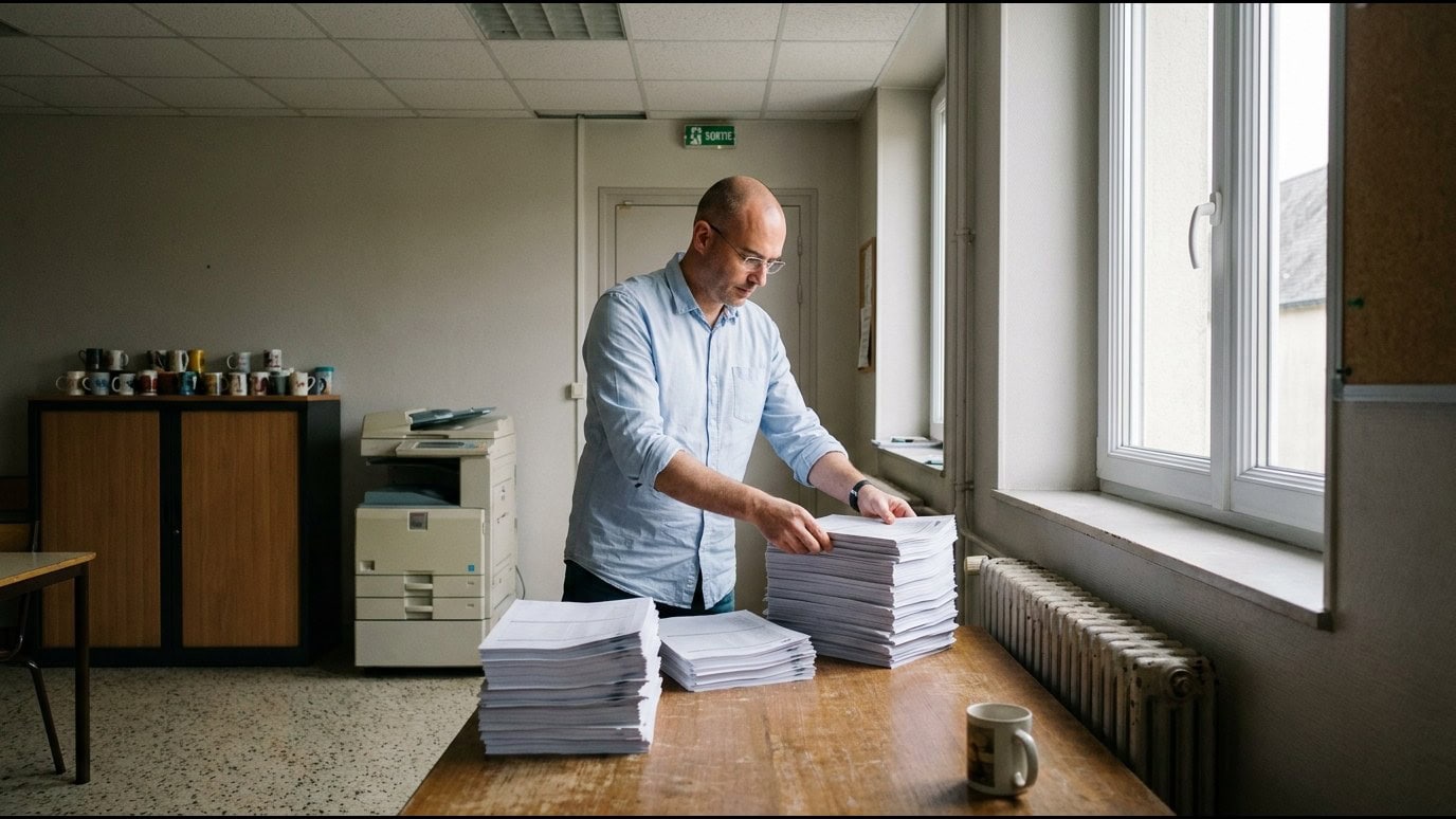 Local de reprographie d'un collège : trois piles de la même fiche à la sortie du photocopieur