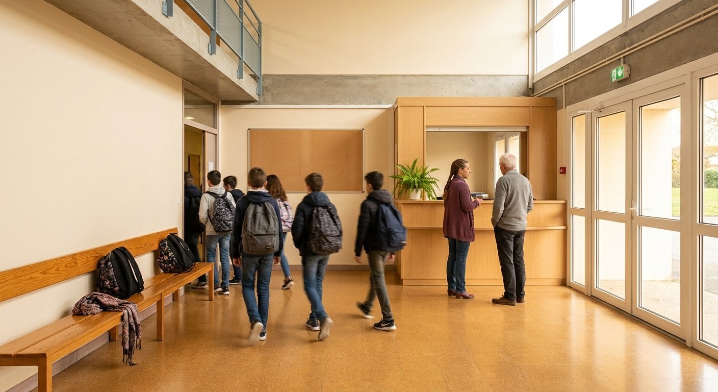 Hall d'entrée d'un collège au début de la matinée : des élèves traversent, deux adultes discutent près de la banque d'accueil
