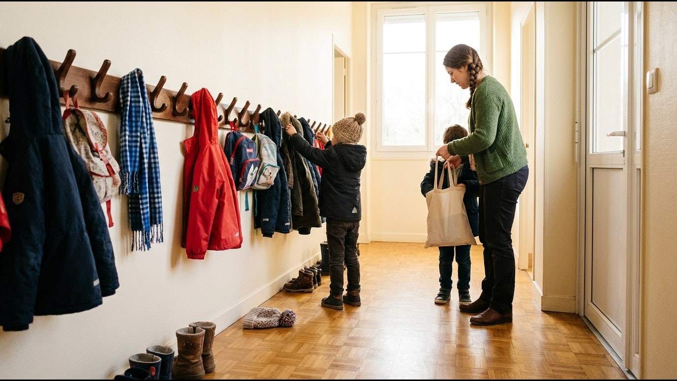 Rangée de patères basses dans un vestiaire d'école, toutes vides sauf une où reste un cartable trop rempli