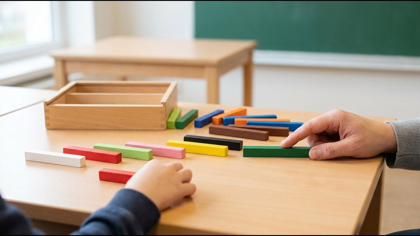 Réglettes de couleur, cubes emboîtables et jetons posés sur une table d'élève, vus du dessus