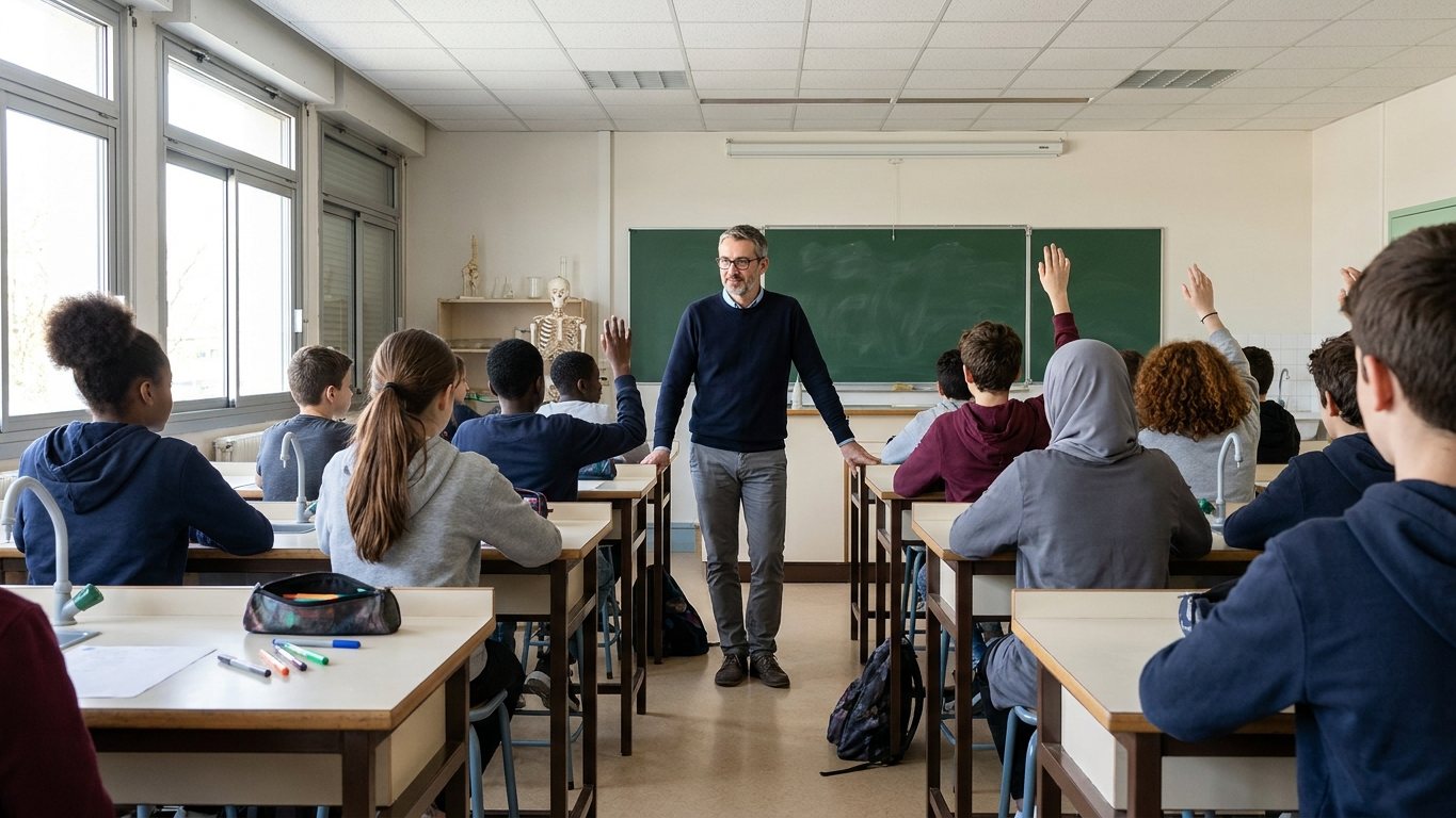 Dans une salle de sciences de collège, un enseignant attend la réponse pendant que plusieurs élèves, vus de dos, lèvent la main.