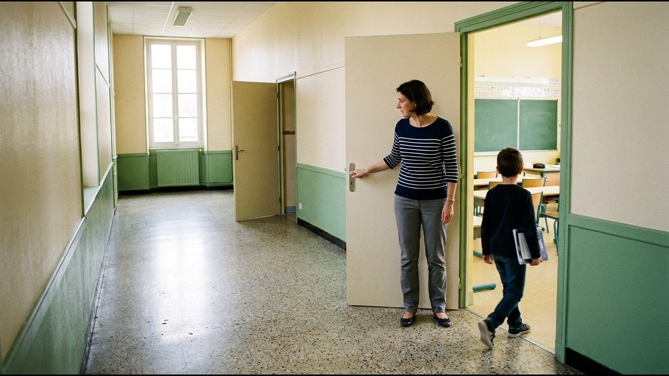 Couloir d'école désert, porte de salle de classe entrouverte sur une salle vide, lumière du jour venant d'une fenêtre latérale