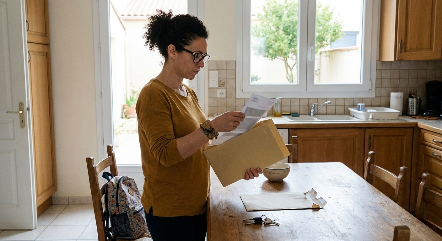 Une enveloppe administrative ouverte et un courrier de notification posés sur une table de cuisine, à côté d'un agenda ouvert
