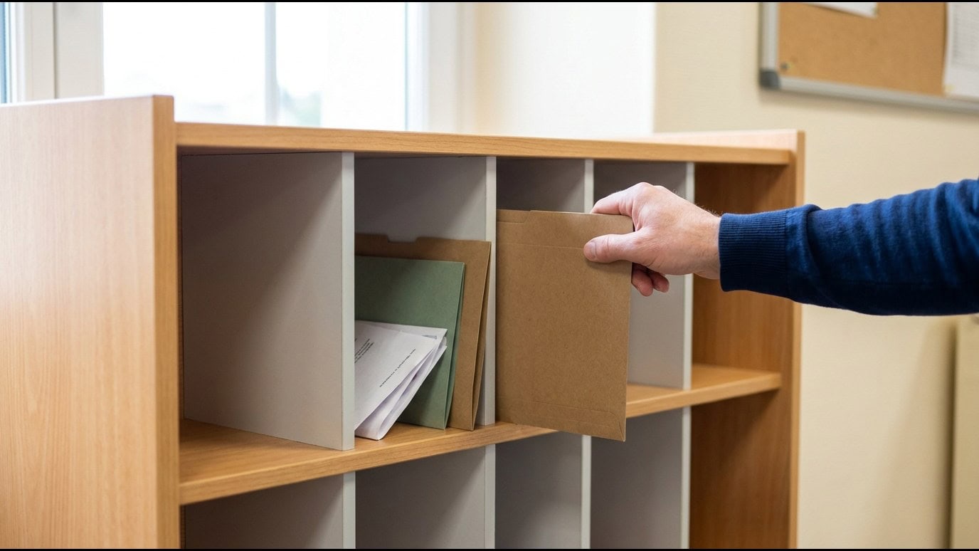 Casiers de courrier en bois dans une salle des maîtres, une enveloppe administrative ouverte dans l&rsquo;un d&rsquo;eux