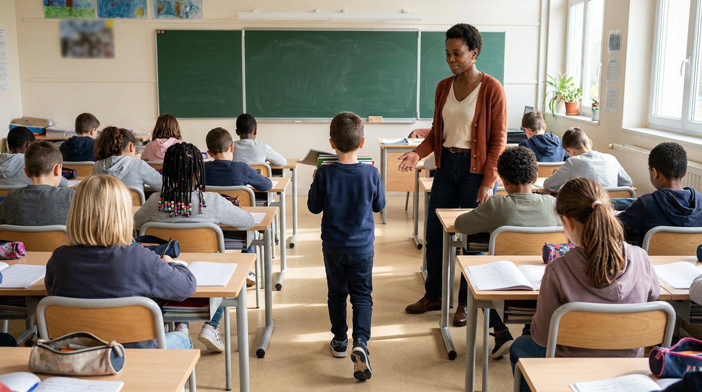 Dans une classe d'école élémentaire, un élève vu de dos rapporte une pile de cahiers à son enseignante, qui tend la main pour les recevoir, pendant que la classe travaille.