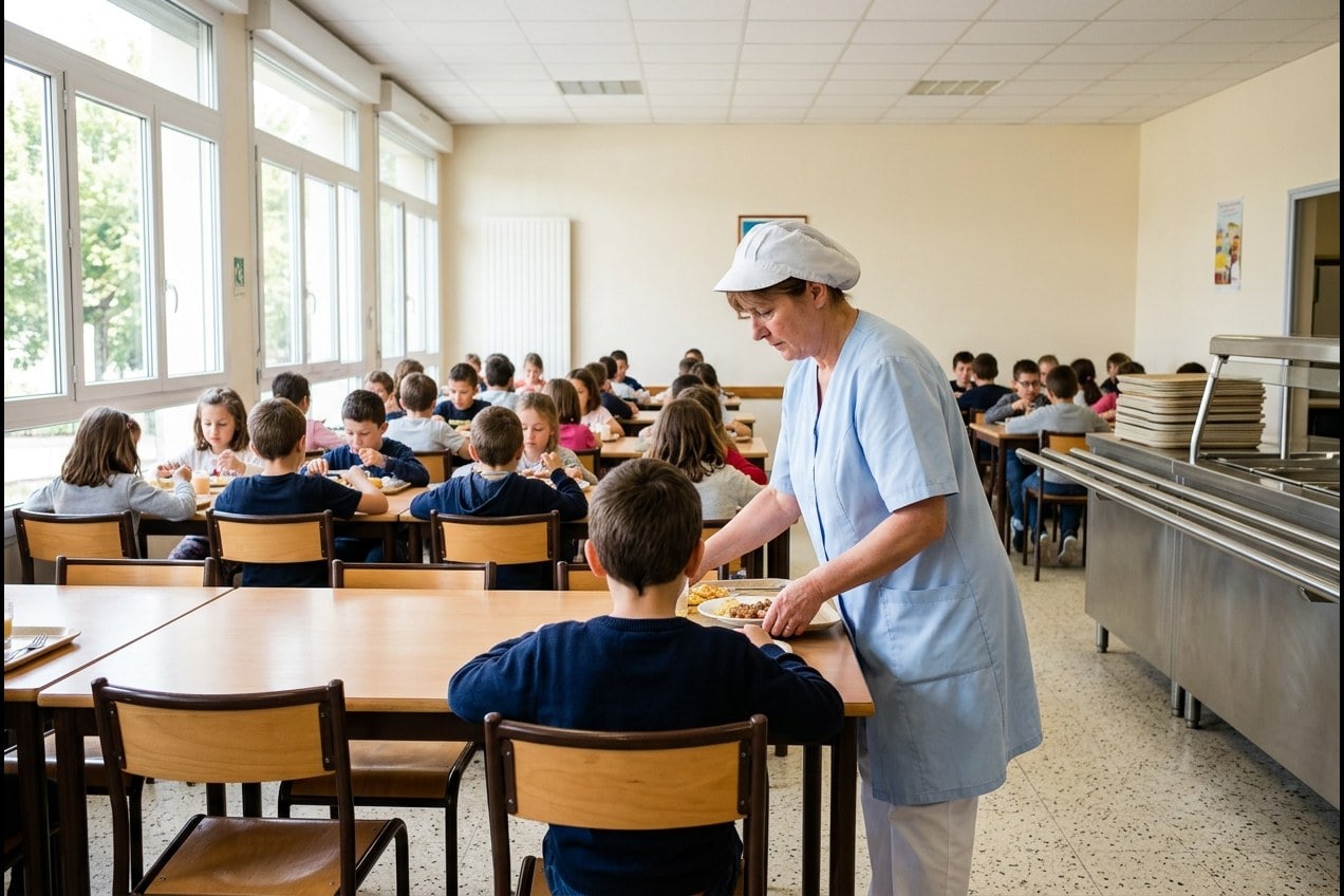 Salle de restauration scolaire vide avant le service : longues tables, chaises align&eacute;es, piles de plateaux et de verres sur la ligne de self
