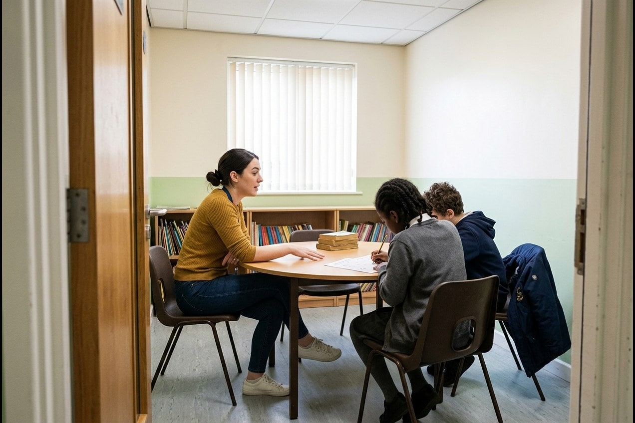 Petite salle annexe d'un CDI de collège : une table, quatre chaises dépareillées, une chaise repoussée contre le mur