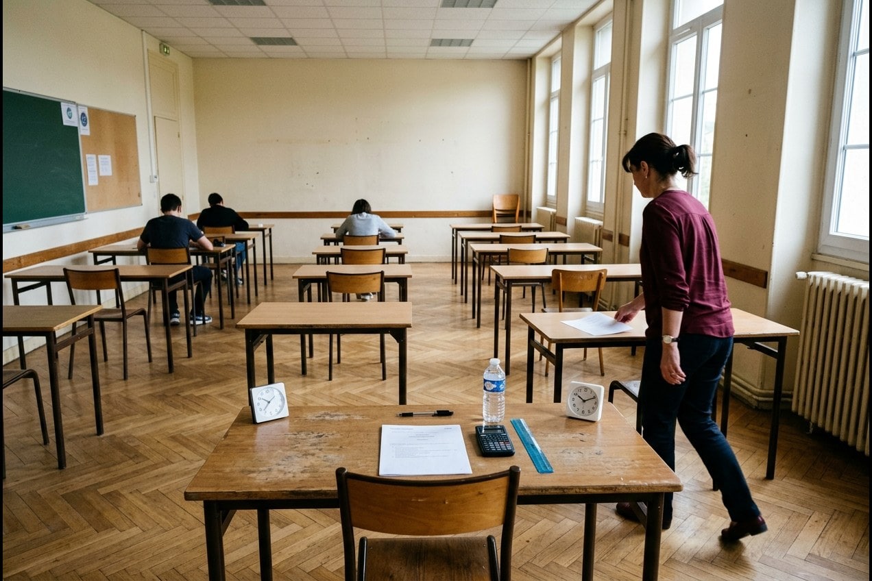 Gymnase scolaire vide aménagé en salle d'examen, tables individuelles espacées en rangées
