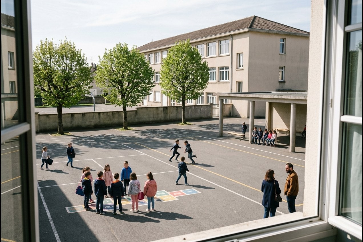 Une cour de récréation déserte, vue depuis une fenêtre d'étage un jour couvert.
