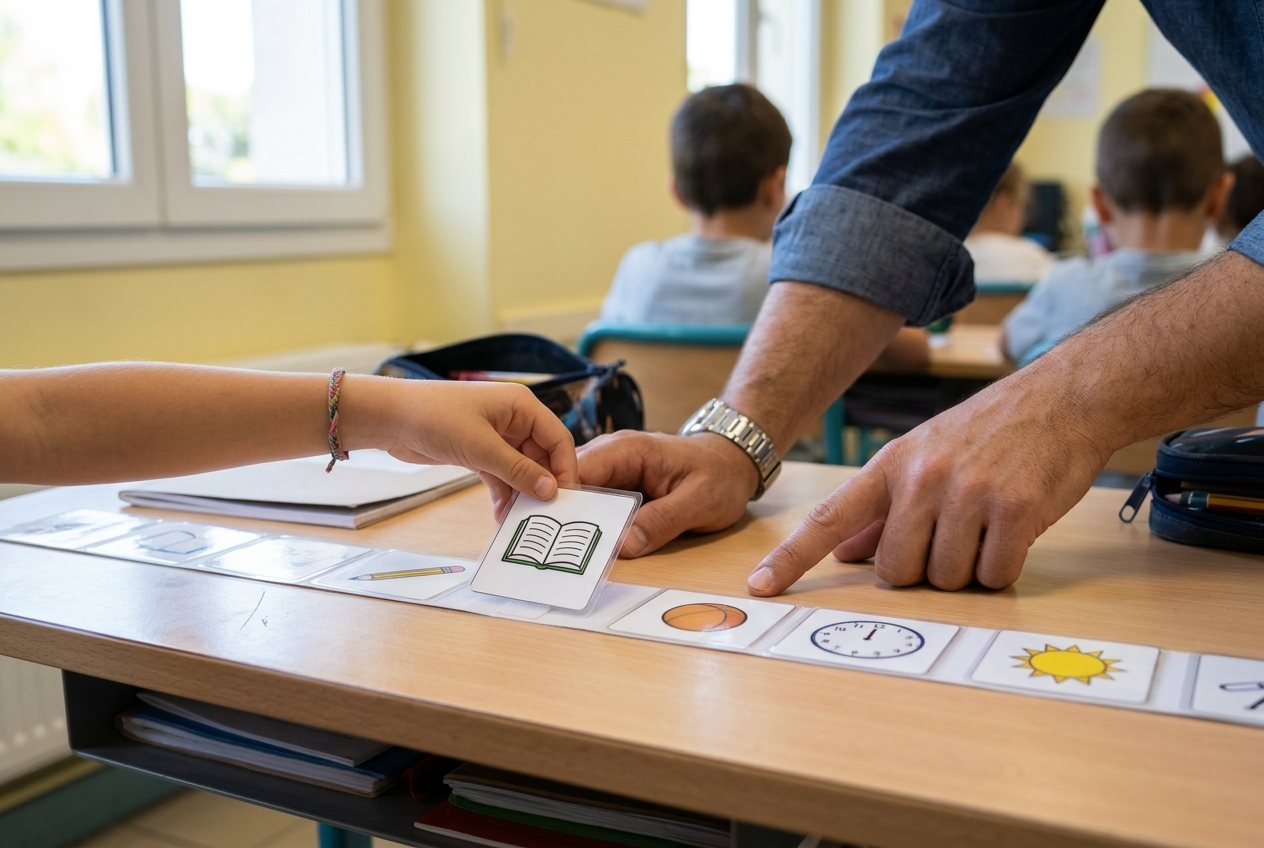 La main d'un enfant place une carte illustrée sur l'emploi du temps visuel fixé au bord de sa table, guidée par la main d'un enseignant.