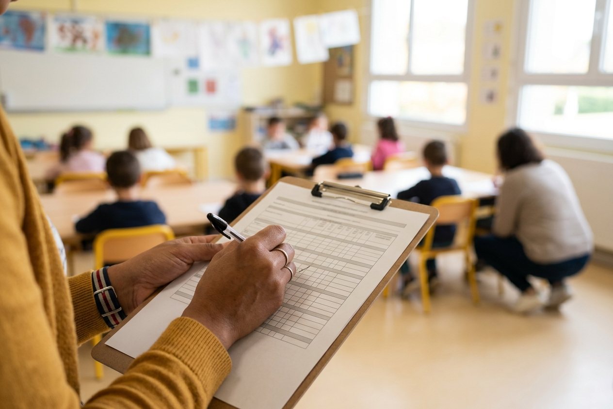 Les mains d'une enseignante cochent une grille d'observation sur un porte-bloc, devant une classe d'école élémentaire en activité.