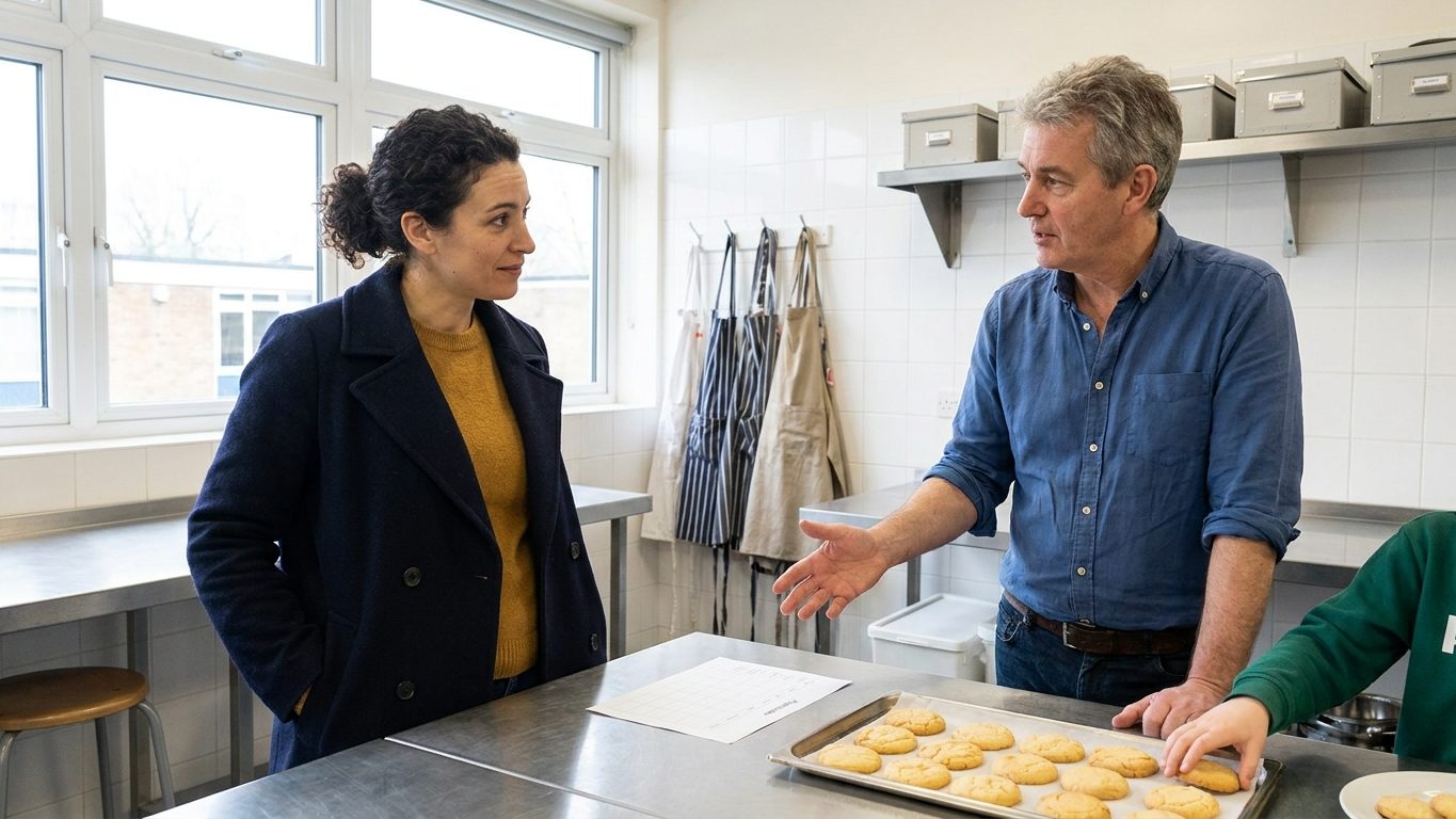 Dans la cuisine pédagogique d'un collège, une mère écoute un enseignant qui lui présente l'atelier, près d'un plateau de biscuits et d'une feuille posée sur la table ; seule la main d'un enfant entre dans le cadre.