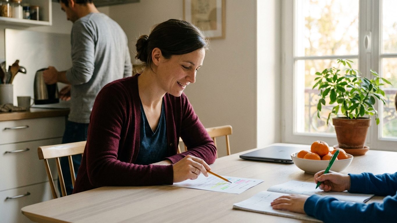 Dans une cuisine lumineuse, une intervenante montre une feuille aérée à un enfant dont on ne voit que les mains, qui tiennent un feutre au-dessus d'un cahier ; au fond, un père prépare du thé.