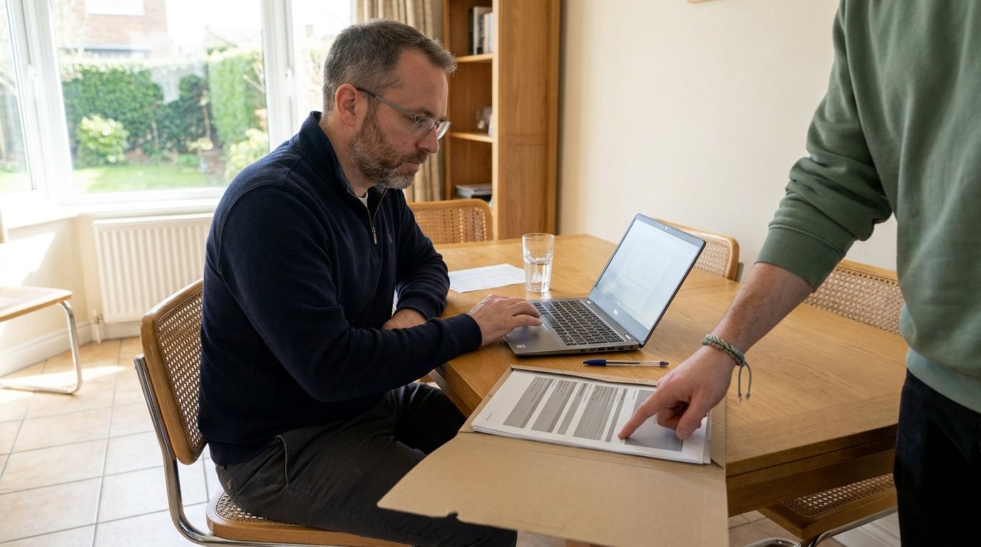 À une table de salle à manger, devant une baie vitrée, un homme relit un formulaire en ligne sur un ordinateur portable pendant qu'une personne debout à côté de lui, dont on ne voit que le buste et le bras, montre du doigt une ligne d'un dossier papier.