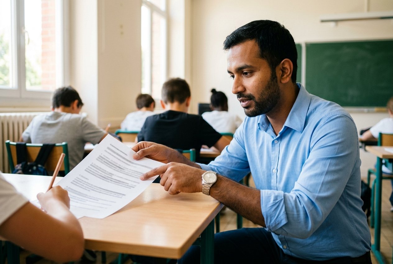 Dans une classe de collège, un enseignant accroupi à hauteur de table montre la première ligne d'une feuille à un élève, dont on ne voit que la main tenant un crayon ; les autres élèves travaillent, de dos.