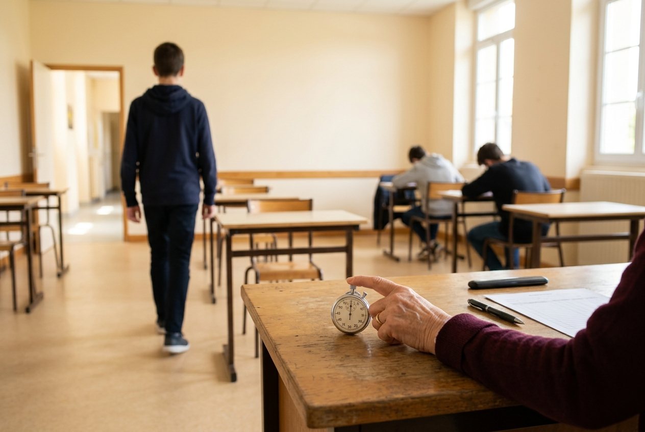 Dans une petite salle d'examen, la main d'une surveillante déclenche un chronomètre pendant qu'un candidat, vu de dos, sort de la salle ; deux autres candidats composent, de dos.