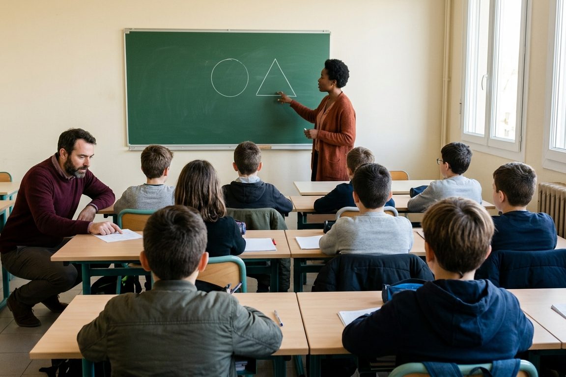 Dans une salle de classe de collège, une enseignante trace un cercle et un triangle au tableau pendant qu'un second enseignant, accroupi près d'une table, aide un élève ; les élèves sont vus de dos.