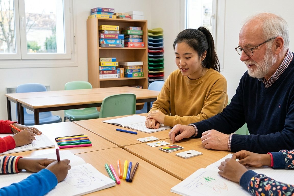 Dans la salle lumineuse d'un centre social, deux accompagnateurs penchés sur une table où l'on ne voit que les mains de quatre enfants, entre cahiers, feutres et jeu de cartes.