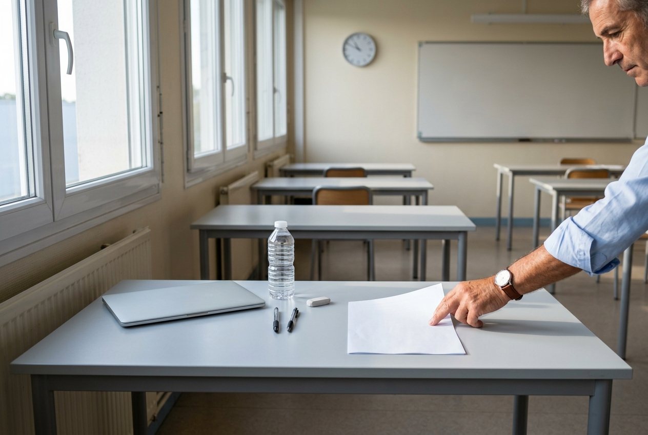 Dans une salle de lycée préparée pour un examen, un surveillant pose un sujet face retournée sur une table où attendent un ordinateur portable fermé, une bouteille d'eau, deux stylos et une gomme.